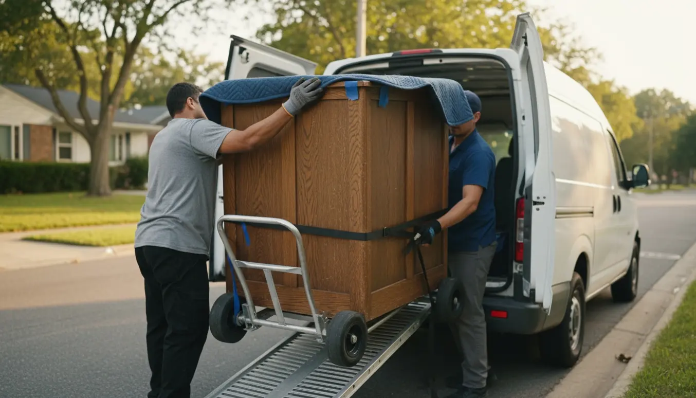 Et tungt træskab læsses ind i en varevogn med dolly og flyttetæpper, to personer set uden tydelige ansigter.