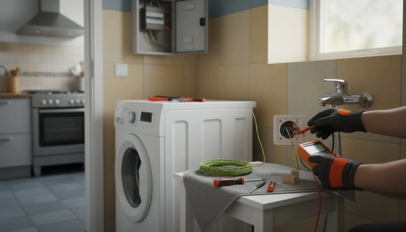 En elektriker tester jordforbindelsen i badeværelset ved vaskemaskinen med multimeter og grøn-gul jordledning.