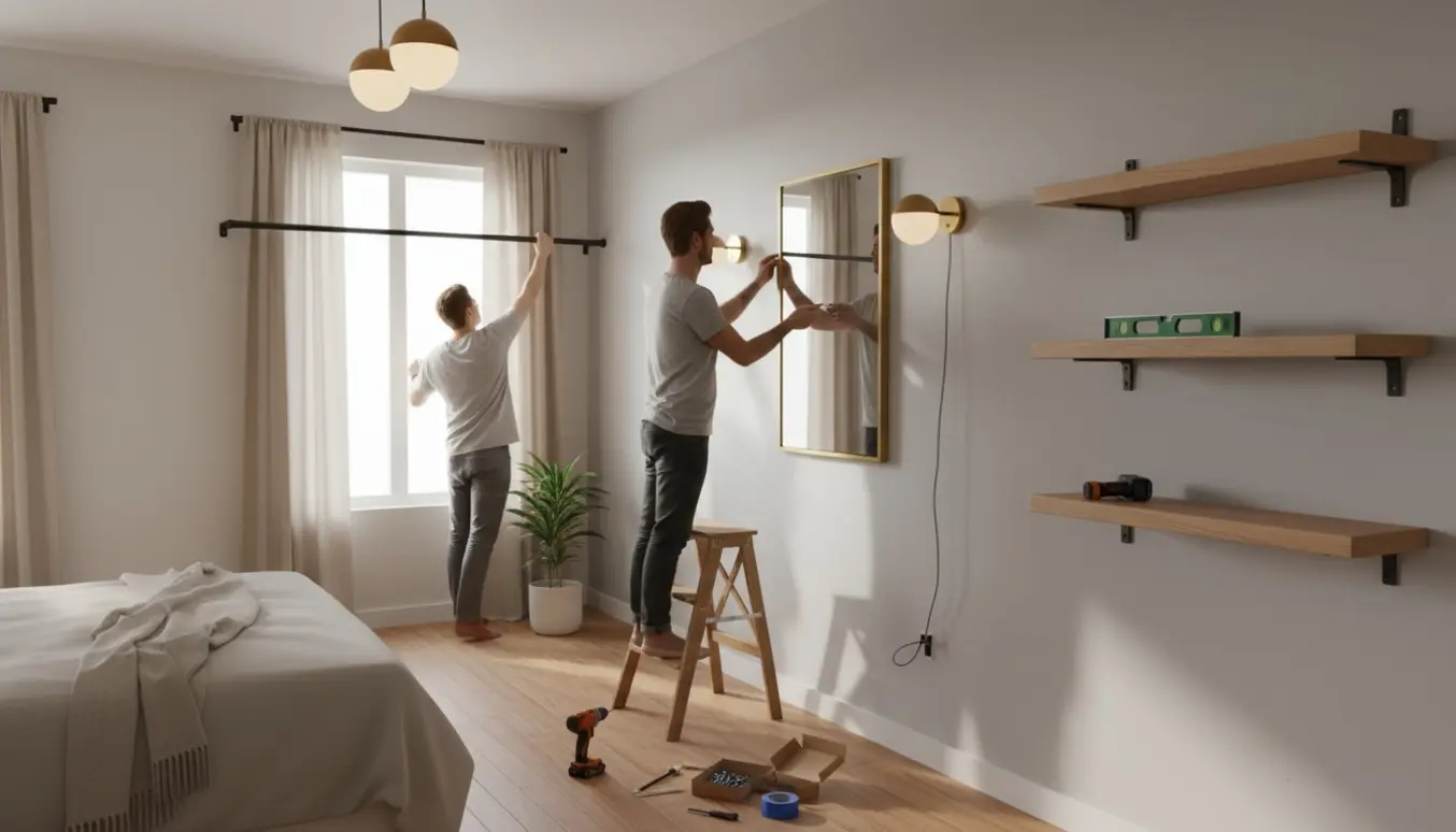 En person monterer et spejl med væglamper, loftslamper, hylder og gardinstang i et lyst rum.