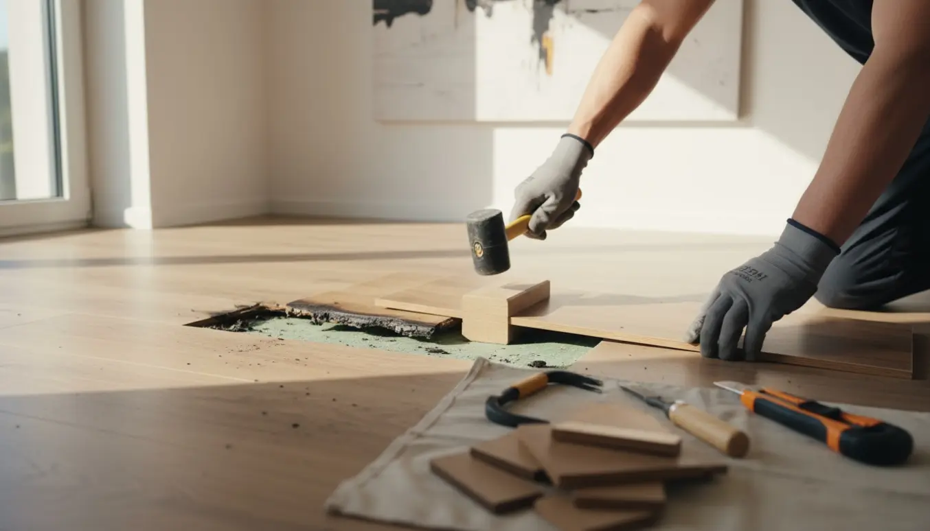 Handskerede hænder udskifter en lille brændt sektion af eg- eller bøgelaminatgulv med værktøj ved siden af.