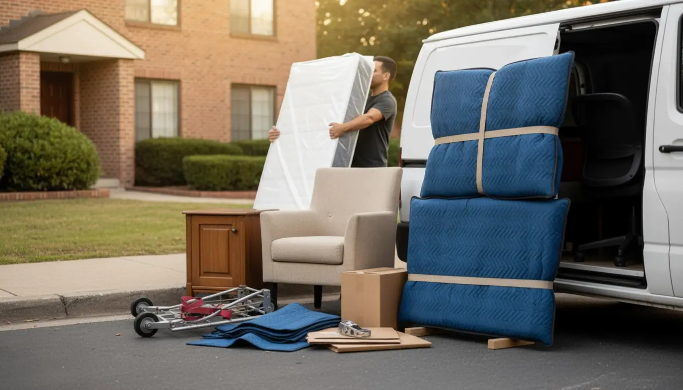 Flyttebil hvor en boksmadras, et lille skab, en lænestol, en kontorstol og to indpakkede TV'er bliver læsset uden synlige ansigter.