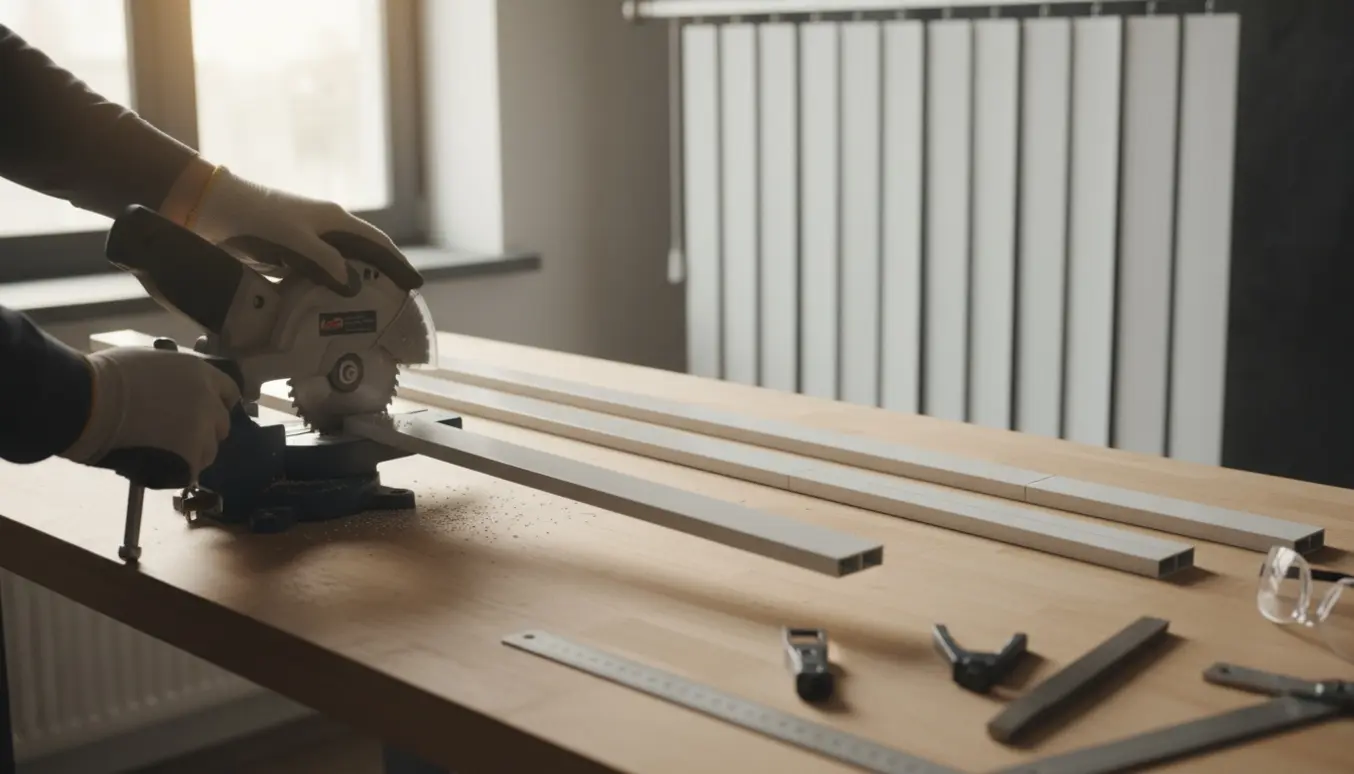 Nære hænder tilskærer aluminiumsskinner til lamelgardiner på et lyst værksted.