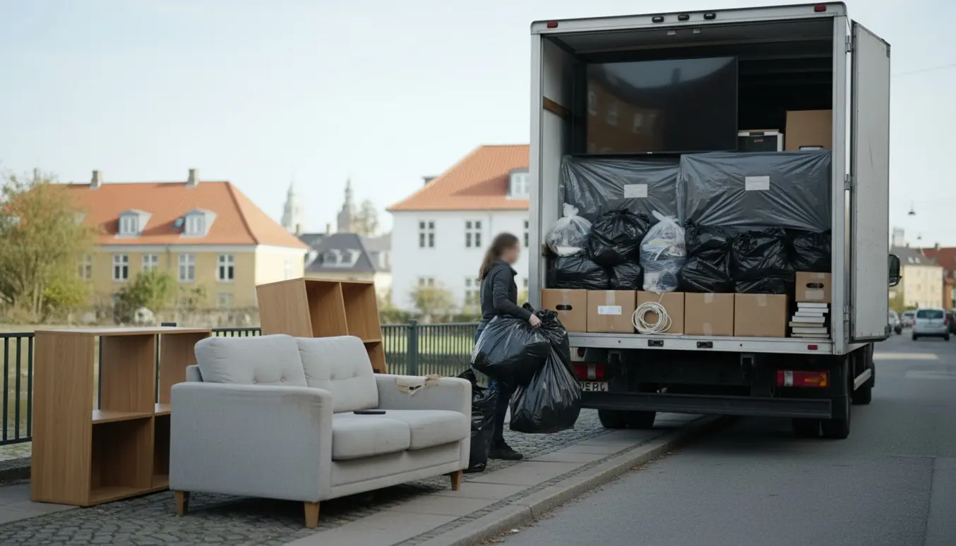 Åben flyttebil med 15–20 tøjposer, to indpakkede fjernsyn og kasser, mens hjælpere læsser uden at vise deres ansigter.