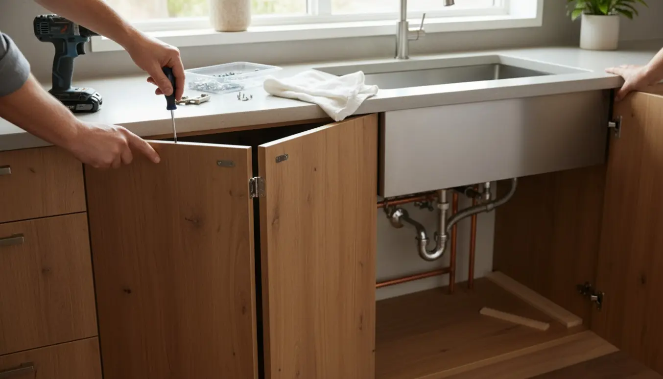 Hænder reparerer køkkenskabe med løsnet foldehængsel og en hængende underskabsdør i et lyst køkken.