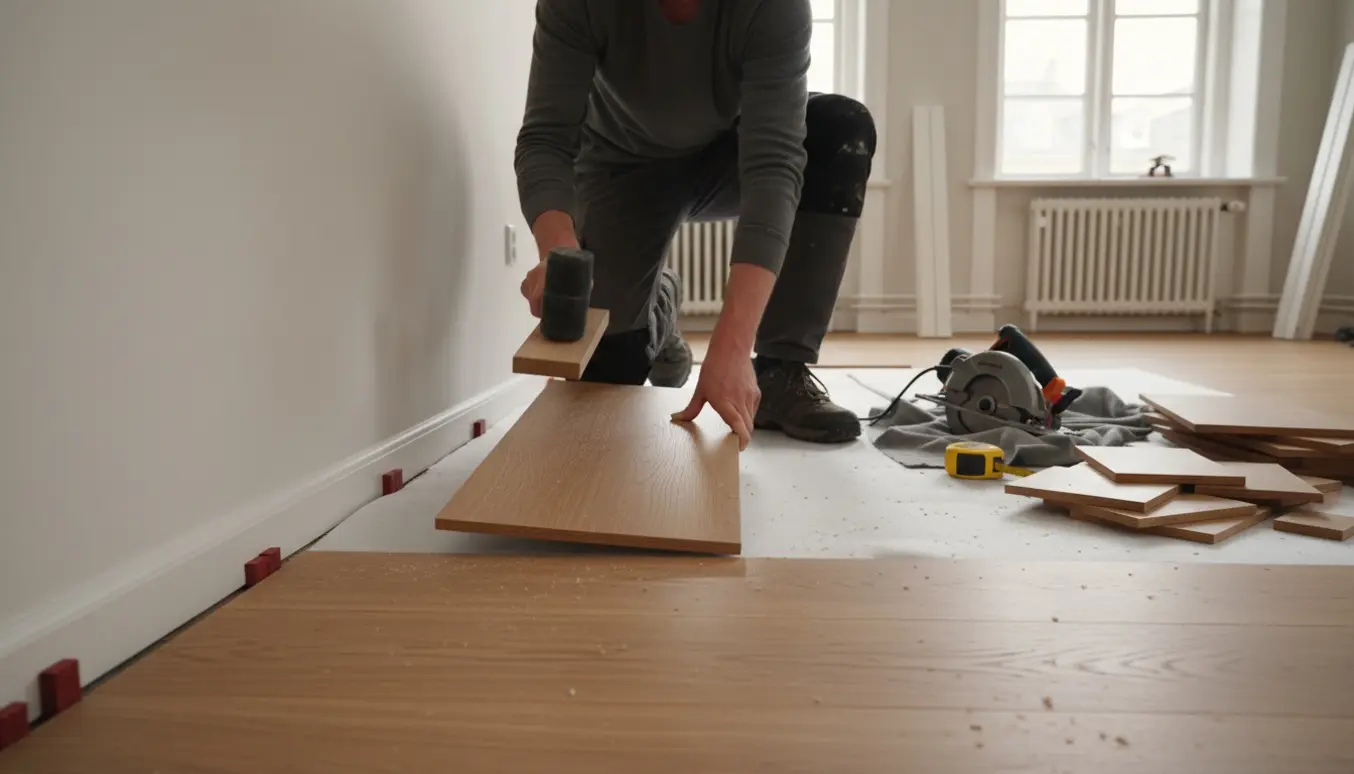 To personer lægger nyt trægulv i en lys lejlighed med fokus på planker og værktøj.