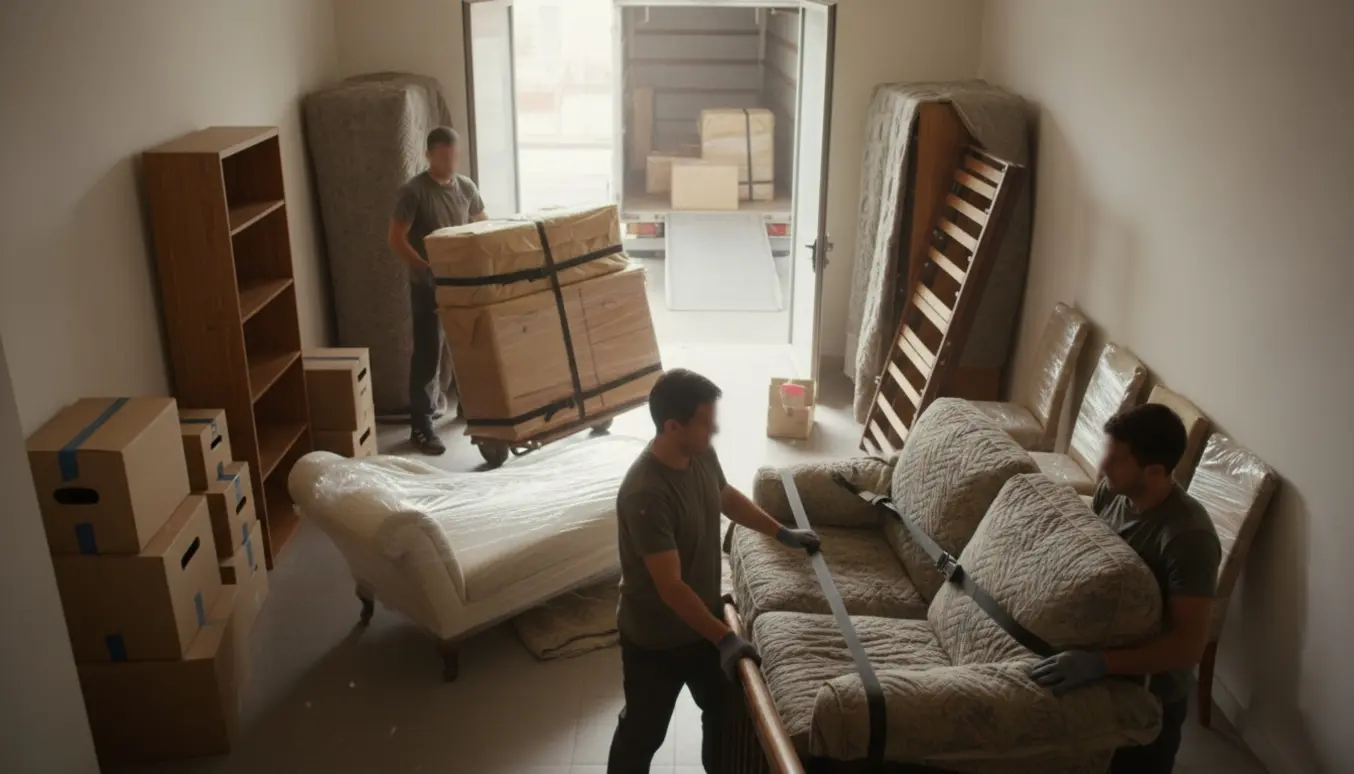Flyttefolk bærer en indpakket 2-personers sofa ned ad en opgang med stabler af flyttekasser og møbler klar til lastning.