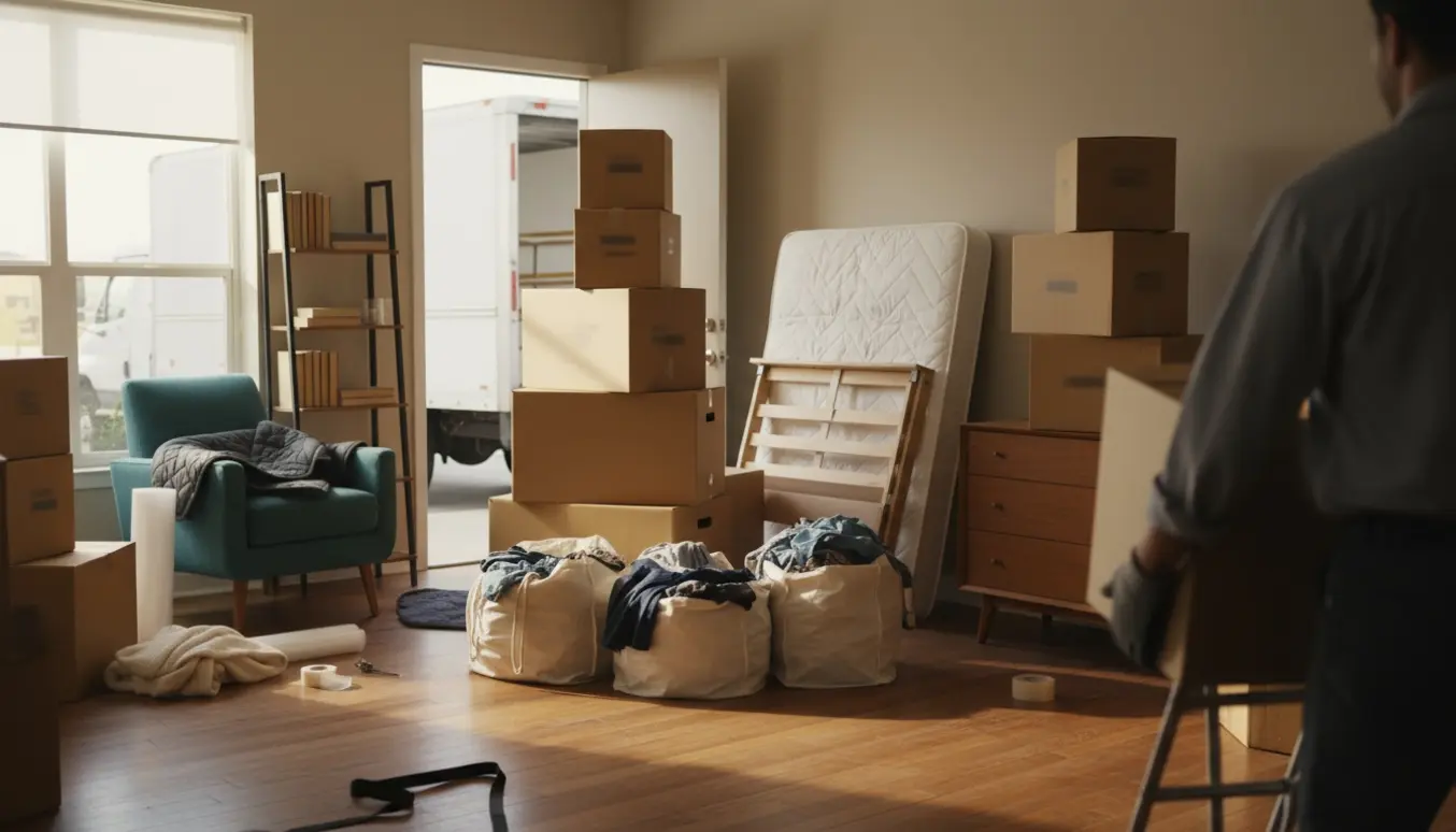 Flyttescene i en lys entré med cirka ti flyttekasser, fem tøjposer, seng, kommode, reol og indpakket lænestol.