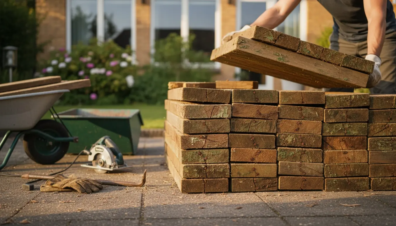Stabel af savet, slidt terrassebrædder og værktøj i en have klar til bortskaffelse.