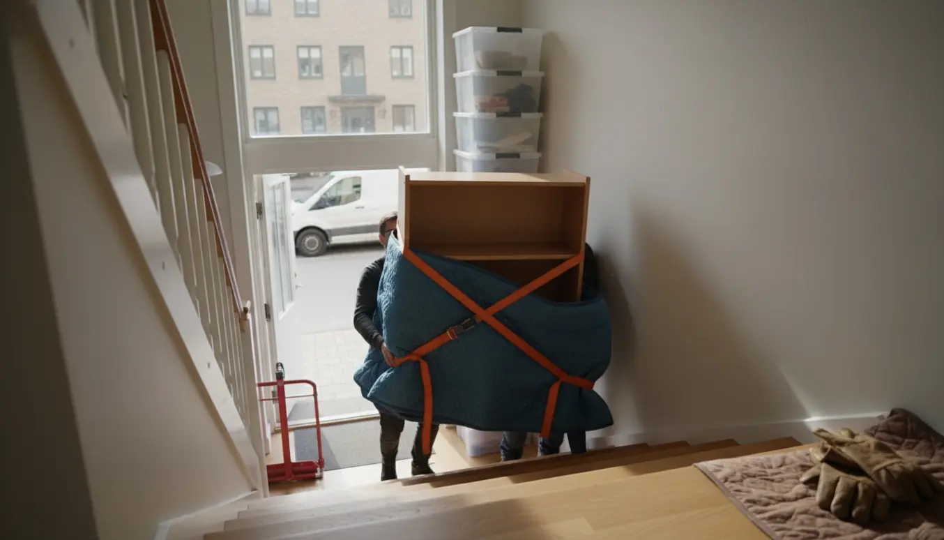 To personer bærer en børnebogreol ned ad en opgang, pakket i flyttetæpper med flytteudstyr og varevogn udenfor.