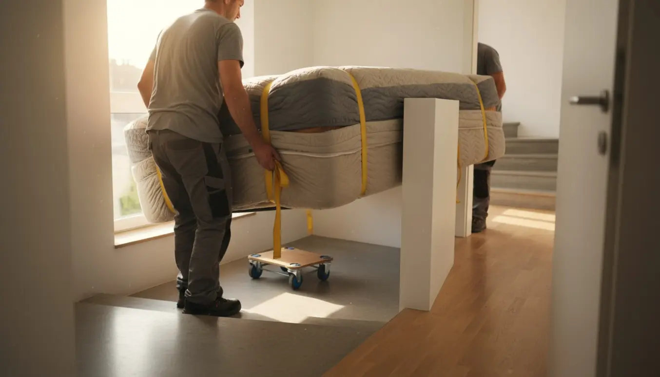 To flyttefolk bærer en 140 cm bred seng gennem en lejlighedsgang dækket af flyttetæpper.