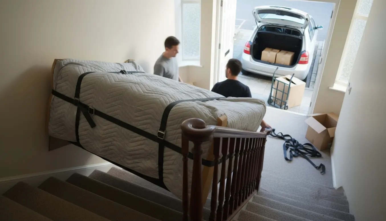 En tre-delt modulsofa pakket i flyttetæpper bæres ned ad en opgangstrappe mod en åben bil.