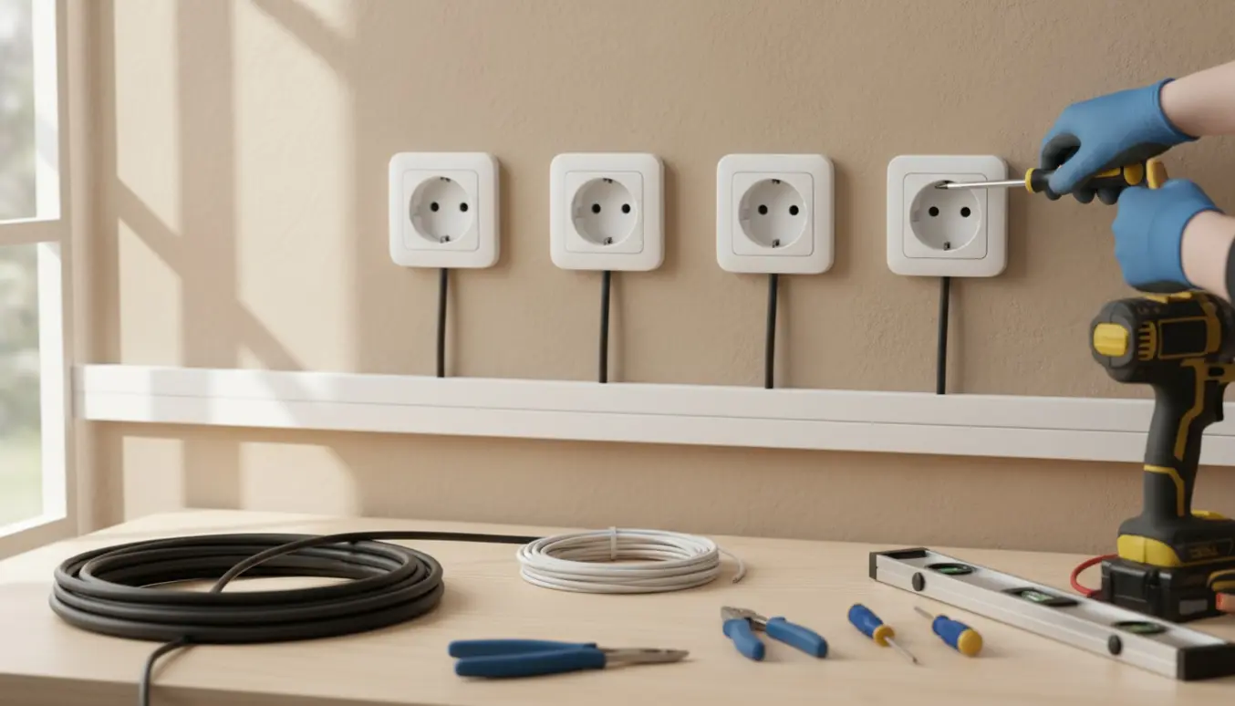 Nærbillede af tre overflademonterede stikkontakter med kabel og værktøj klar til installation.