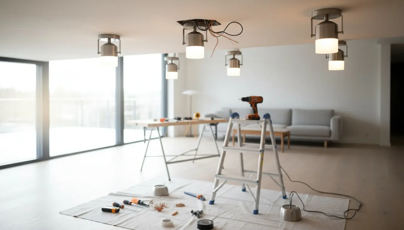 Installering af fire loftlamper i en lys, moderne stue med værktøj og handsker på en stige.