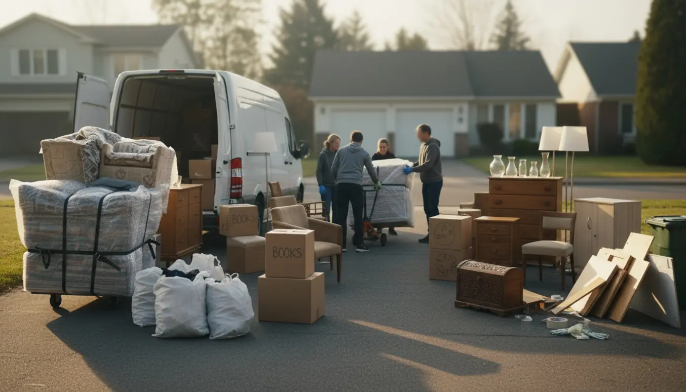 Bunker af møbler, sække og kasser sorteret til donation og genbrug ved en åben flyttevogn.