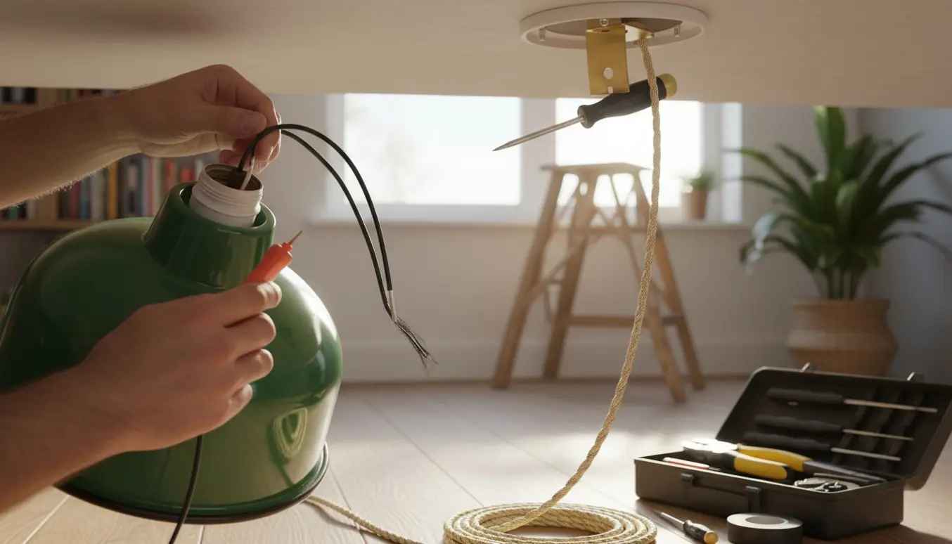 Hænder inspicerer en grøn lampe og udskifter ledningen med en ny stofledning klar til montering i loftet.