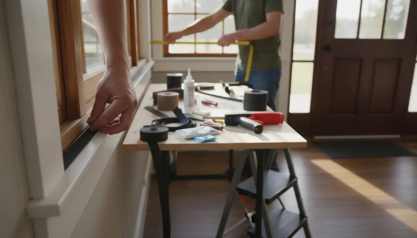 Hænder monterer tætningslister på et vindue med forskellige lister og værktøj ved siden af.