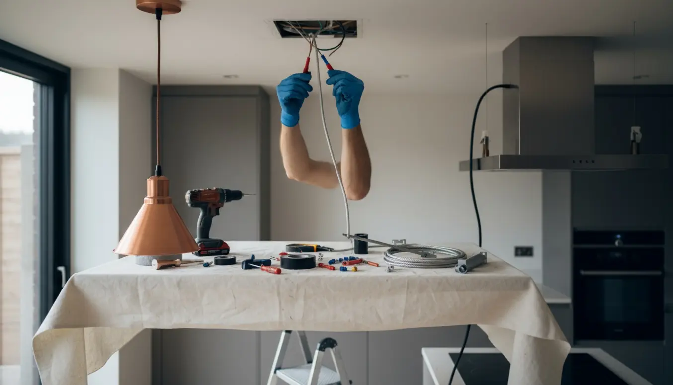 Hænder installerer to lamper og en udsugning i lofthøjde med værktøj og kabel.