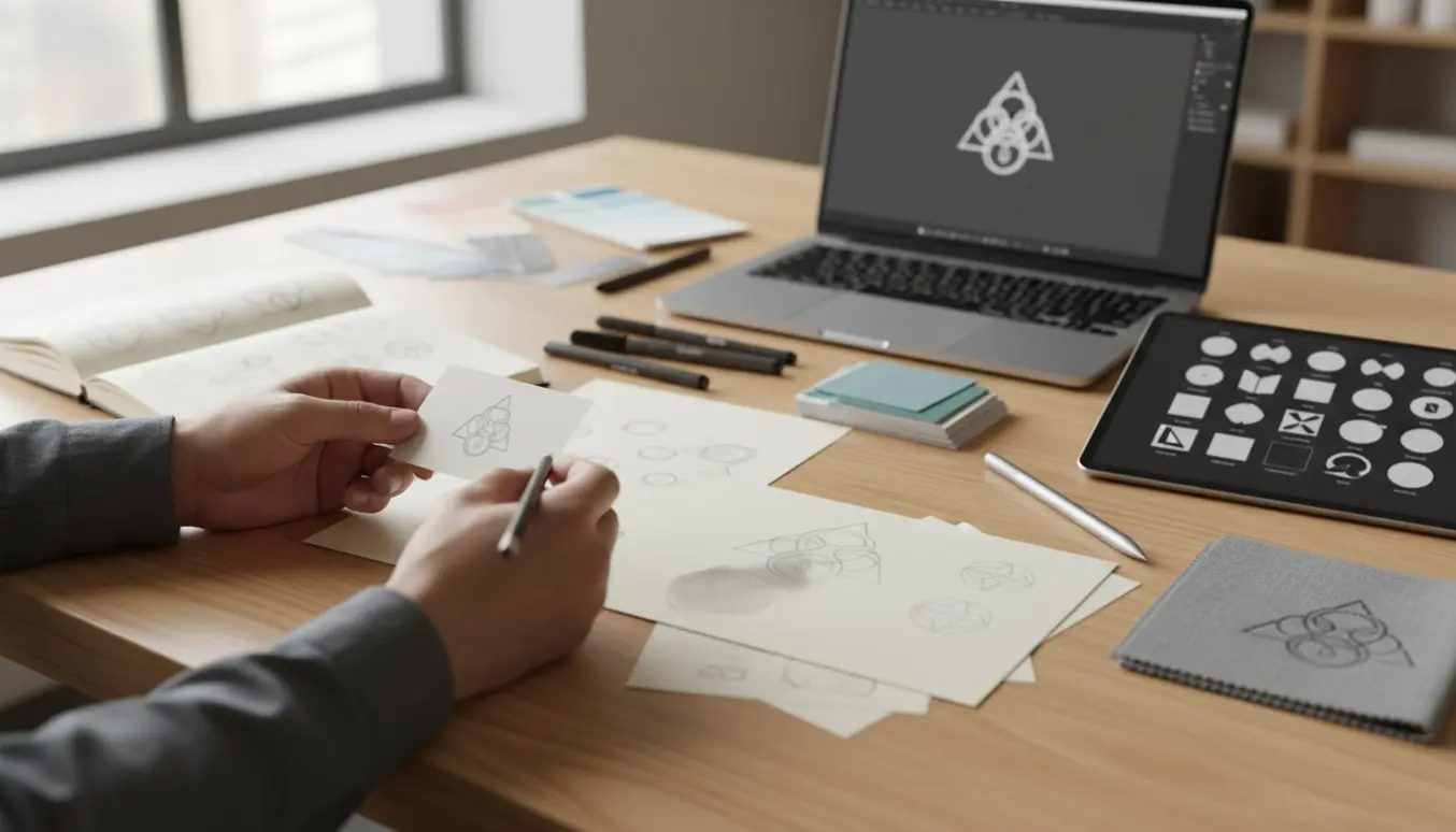 Hænder skitserer og finpudser et virksomhedslogo på et lyst skrivebord med farveprøver og en tablet.