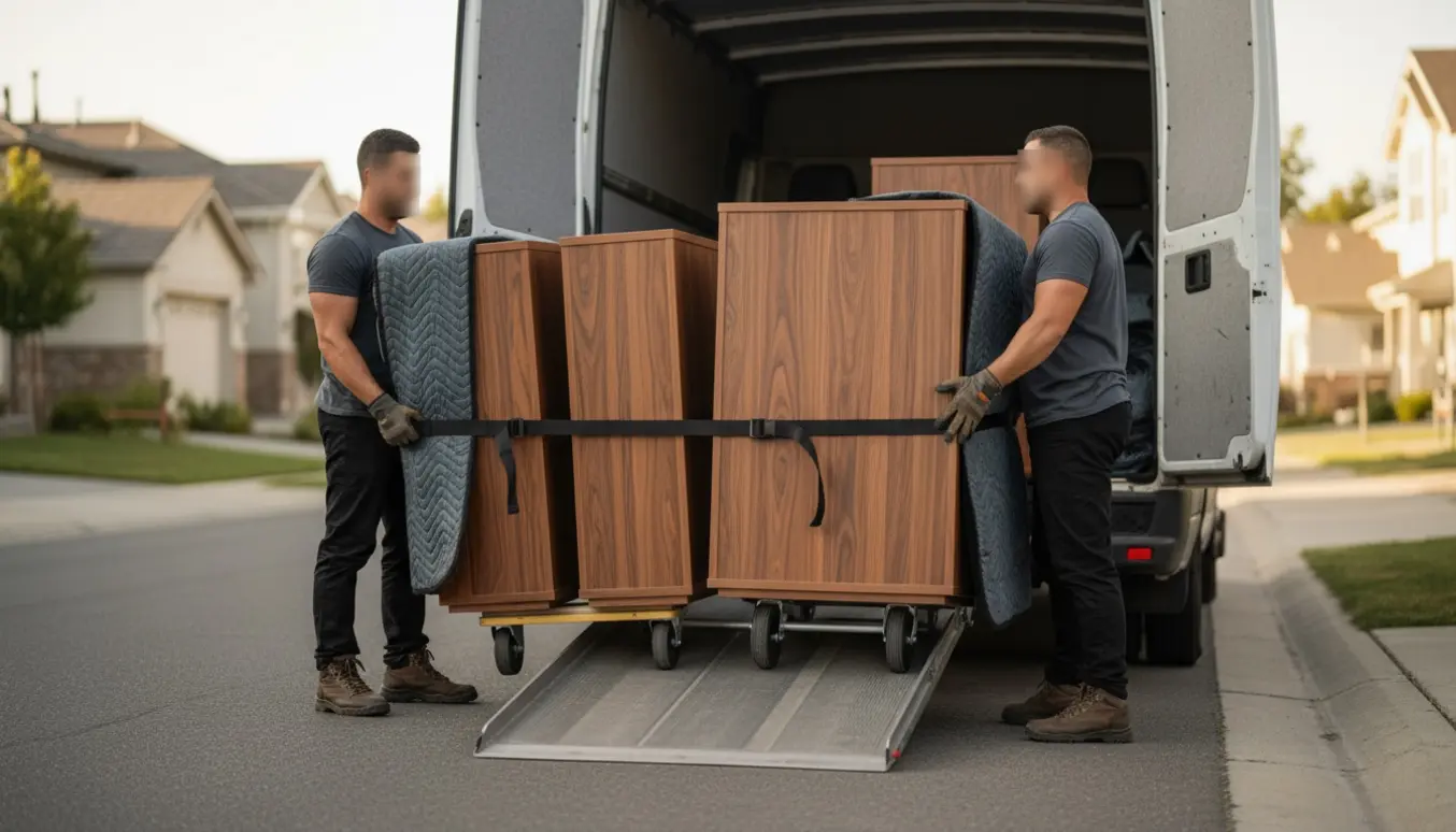 To flyttemænd læsser fire store træskabe på 2 m ind i en flyttebil.