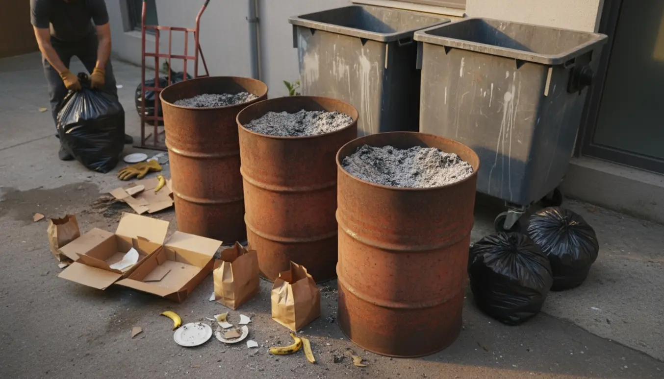 Rustne olietønder og store affaldscontainere med køkkenaffald i gården efter en fraflytning.