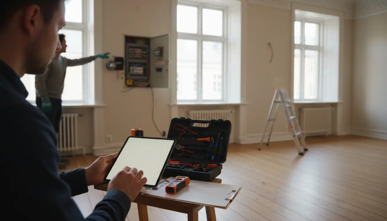 Elektriker vurderer el-installationer i en lys, historisk lejlighed med værktøj og tablet.