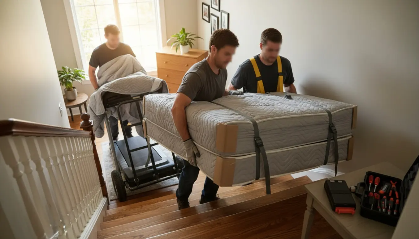 To personer bærer en indpakket dobbeltseng ned ad en trappe, mens et løbebånd og en kommode flyttes mellem etagerne.