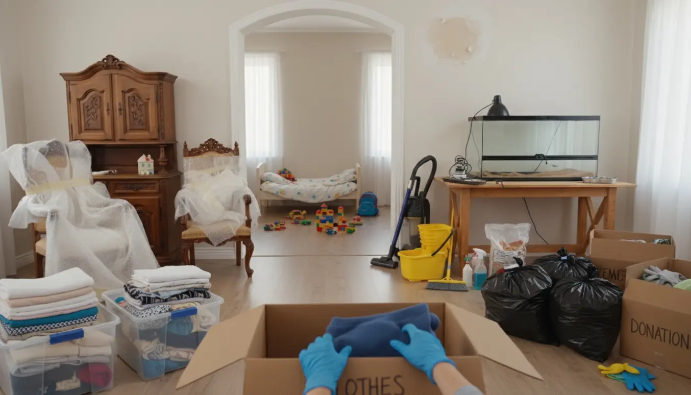 Rodfyldt hus under oprydning med kasser, sorte sække, antikke møbler, tomt terrarium og vandskadet loft.