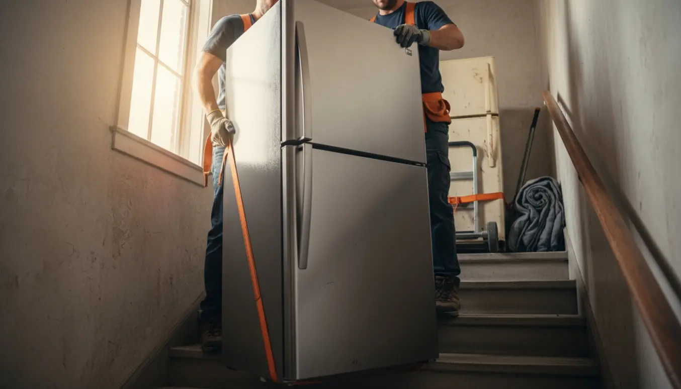 To flyttefolk bærrer et kølefryseskab op ad en trappe, mens et ældre skab står på en tralle på landingen klar til at blive båret ned.