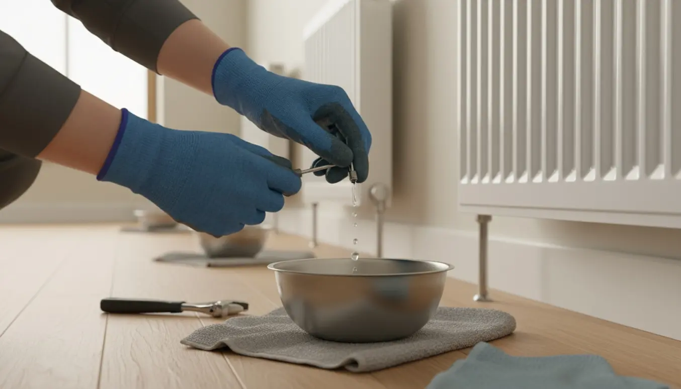 Nærbillede af hænder, der udlufter en radiator med en nøgle, med en skål til vand og flere radiatorer i baggrunden.