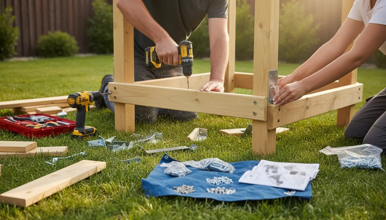 Delvist samlet trælegestativ i haven med værktøj og hænder, der samler det.