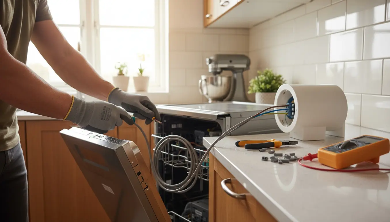 Elektriker forbinder en ny opvaskemaskines ledning til en åben samledåse i et køkken.