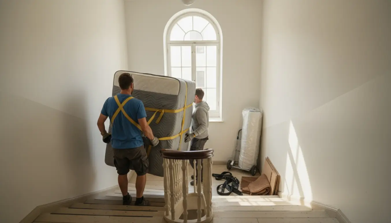 To flyttefolk bærer en indpakket boxmadras op ad en lys lejlighedstrappe med flyttetæpper og udstyr omkring sig.