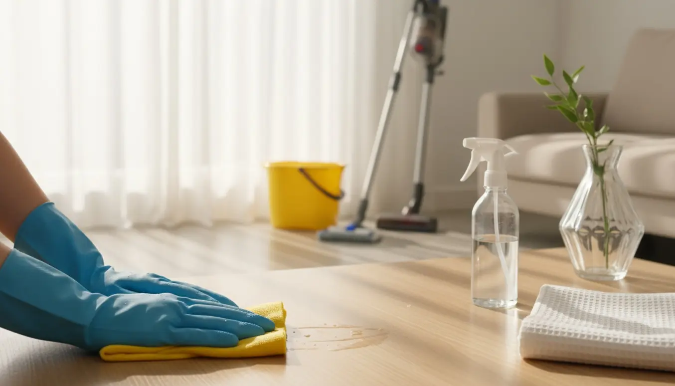 Hænder i gummihandsker pudser et sofabord i en solbeskinnet, rengjort stue med rengøringsudstyr ved siden af.