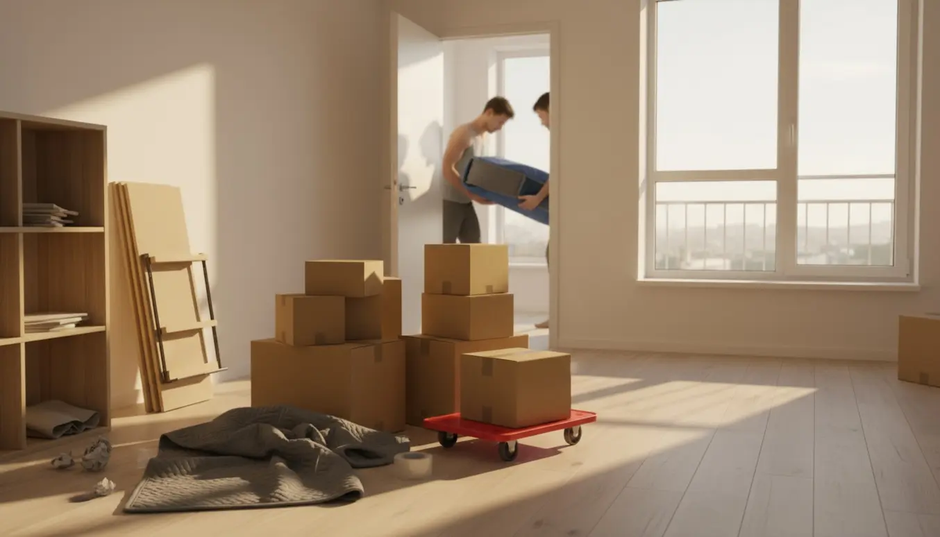 Mennesker bærer en madras gennem en dørlåge omgivet af flyttekasser og en delvist adskilt reol i et lyst værelse.