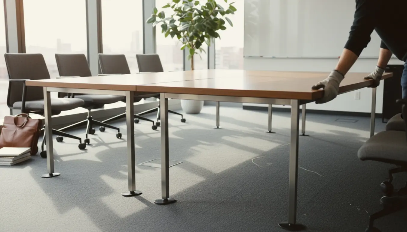 To personer skubber og drejer mødeborde i et lyst mødelokale for at bytte deres placering.