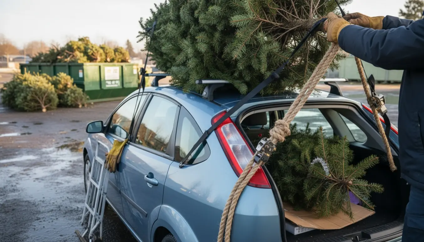 En bil med et stort juletræ bundet på taget og et minijuletræ i bagagerummet ved en genbrugsstation.