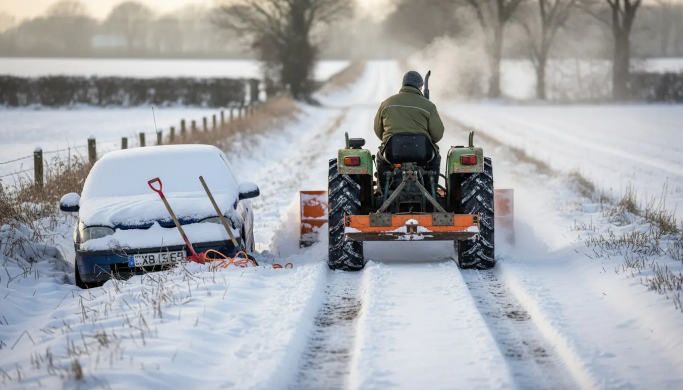 En kompakt traktor pløjer spor i 20–30 cm sne på en smal markvej for at få en bil fri.