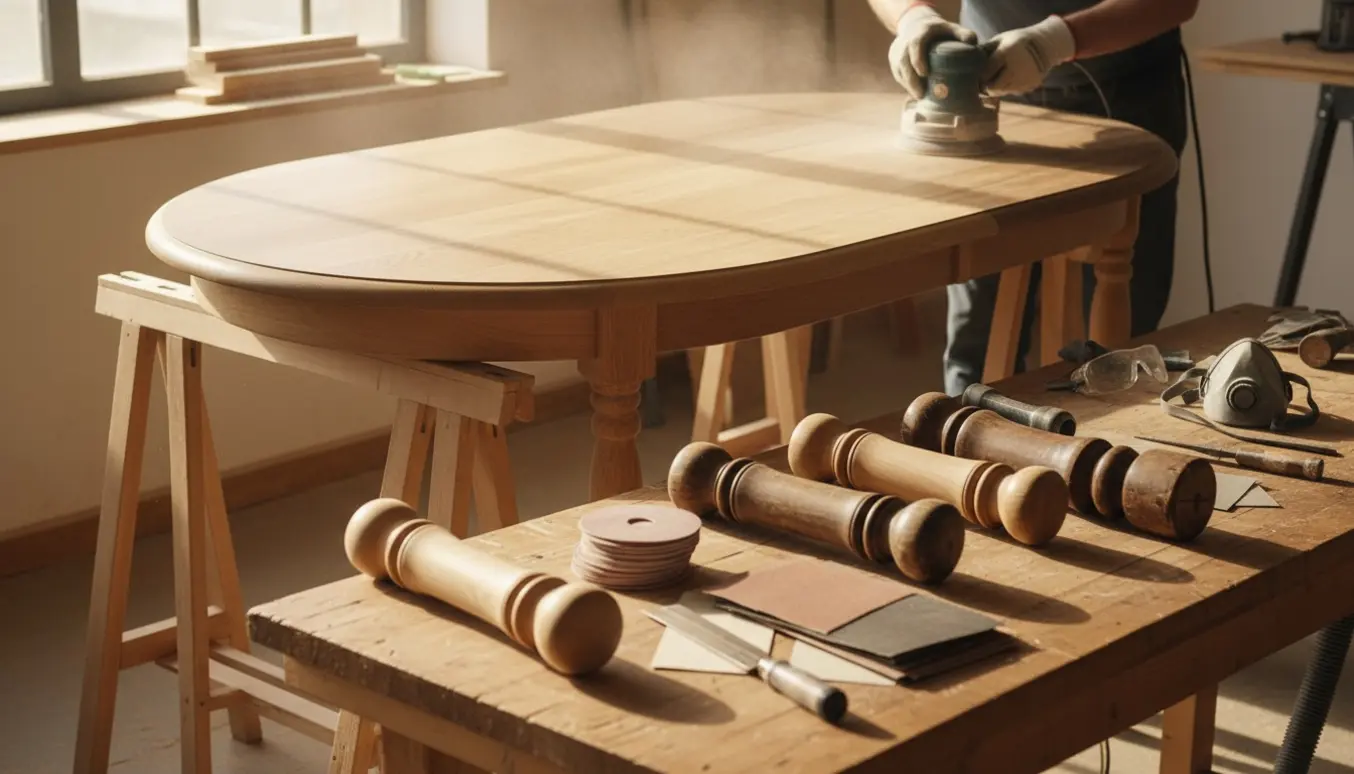 Ovalt egetræsbord på bukke i et lyst værksted, hvor en hånd sliber bordpladen og fire ben ligger delvist slebet.