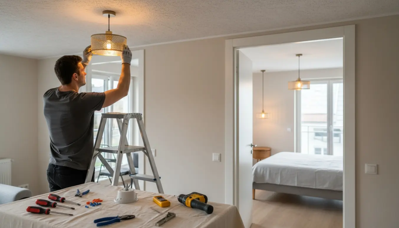 En håndværker hænger lamper op i stue og soveværelse med værktøj og stige.