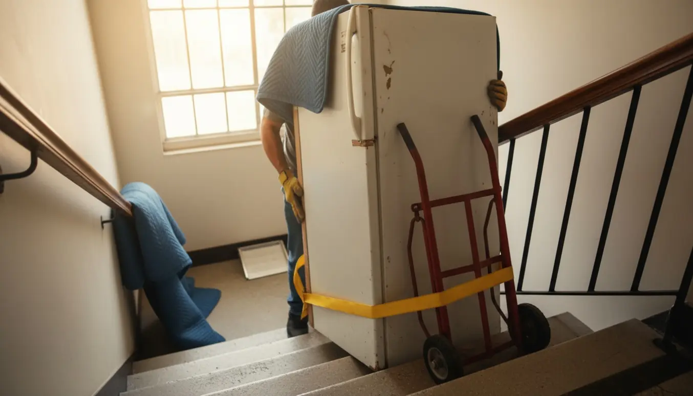To personer bærer et gammelt køleskab ned ad en trappe med flyttevogn og beskyttelsesbetræk i naturligt lys.