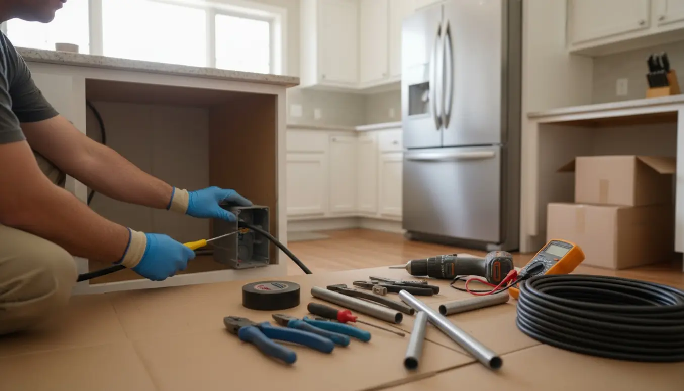 Hænder trækker elkabel ind til et nyt elstik i en åben plads til opvaskemaskine i et køkken.