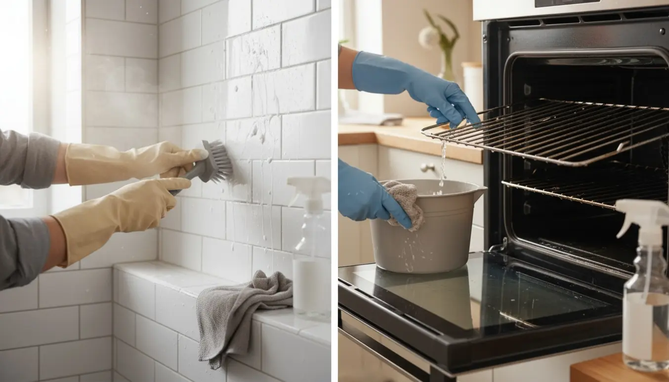 Hænder i gummihandsker afkalker en bruseniche og skrubber en ovn i et lyst hjem.