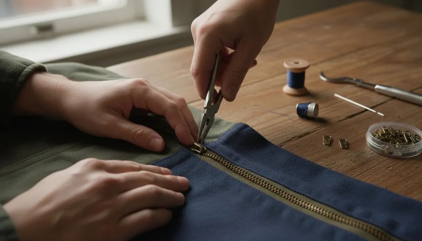 Hænder forsøger at sætte en lynlåsskyder på en jakke med værktøj på et træbord.