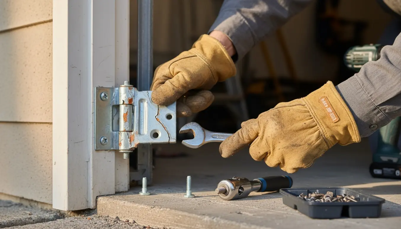 Nærbillede af hænder i handsker, der udskifter et knækket hængsel på en garagedør med værktøj ved siden af.
