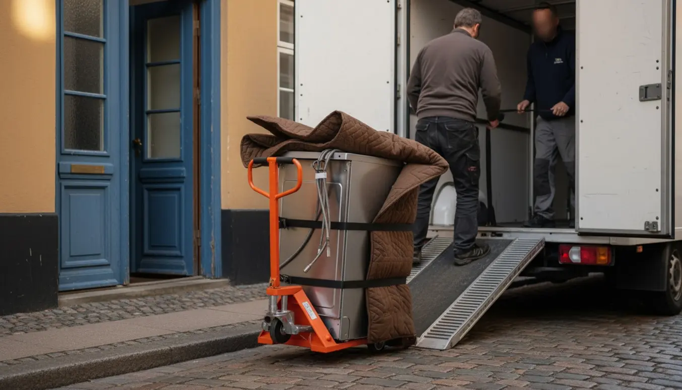 En opvaskemaskine på dolly pakket i flyttetæpper og sikret med stropper, læsset ind i en flyttebil.