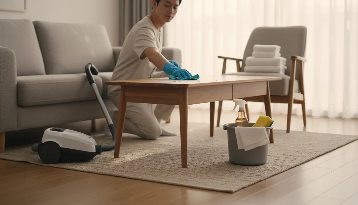 En rengøringsassistent tørrer et kaffebord af i en solbeskinnet stue med rengøringsudstyr og en støvsuger i baggrunden.