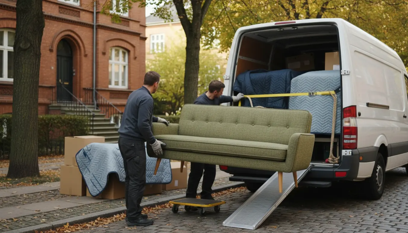 To flyttearbejdere læsser en sofa ind i en åben flyttebil foran en rød murstensbygning på en træbevokset københavnsk vej.