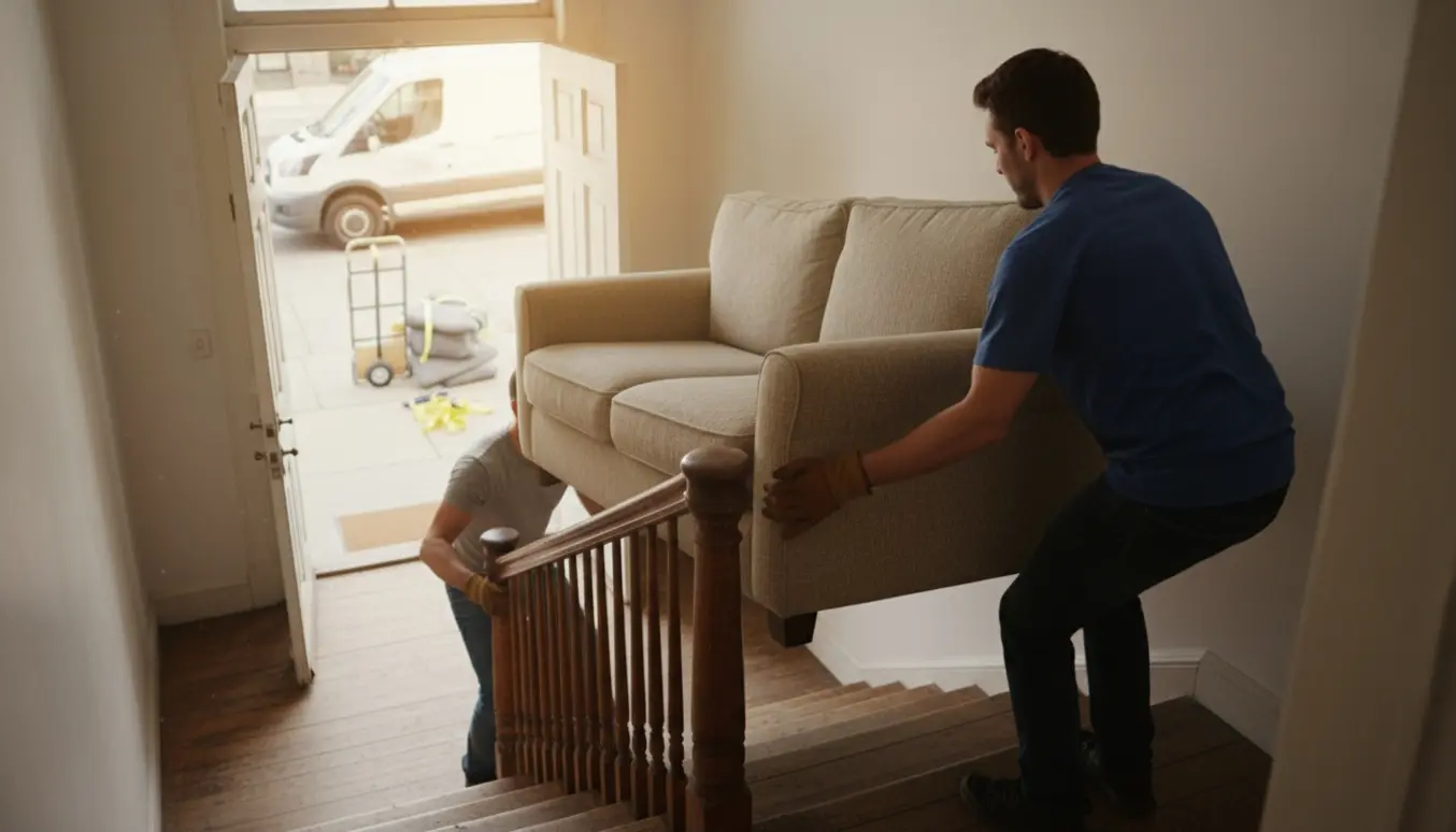 To personer bærer en sofa op ad en smal trappe til en første sal med flytteudstyr og en varevogn udenfor.