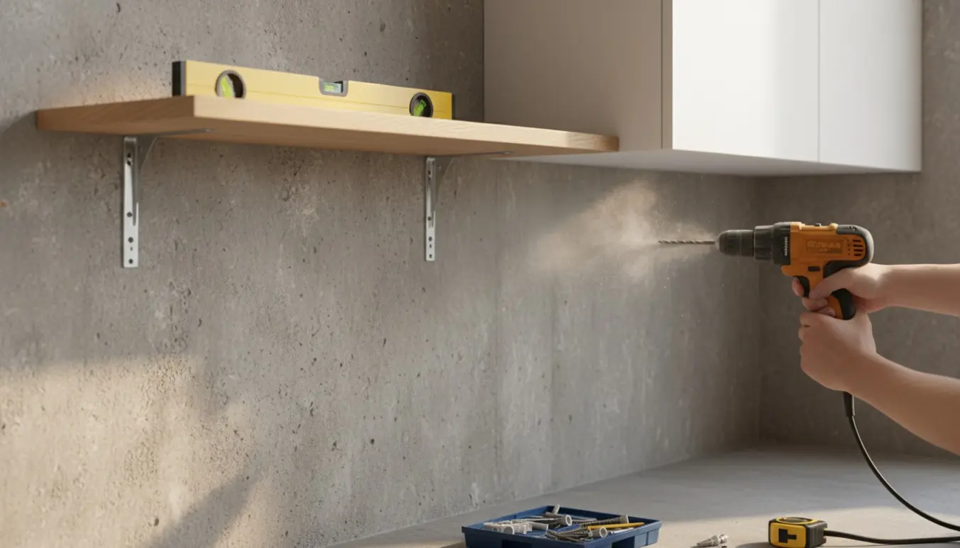 En hands-on scene med en boremaskine, rawlplugs og vaterpas, mens hylde og skab monteres på en betonvæg.