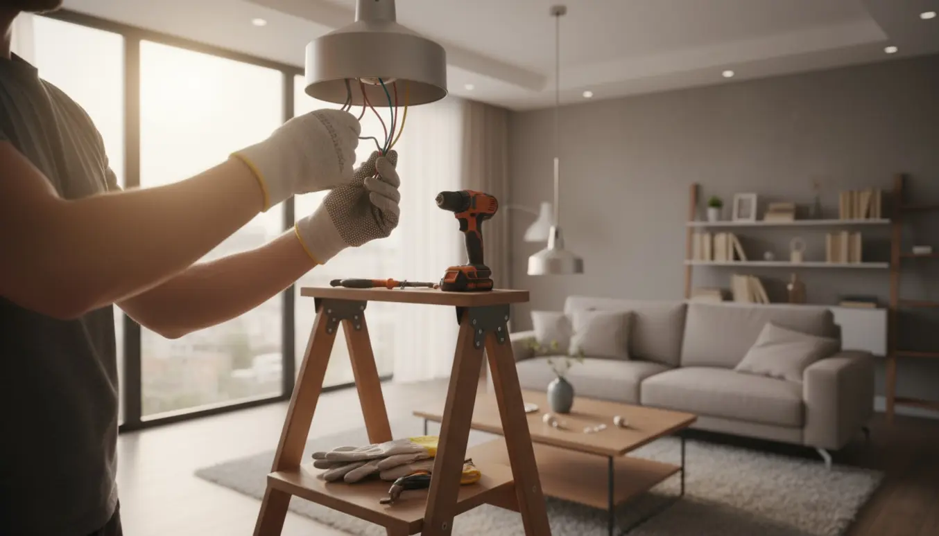 Hænder hænger en pendellampe i en stue med stige og værktøj i forgrunden.